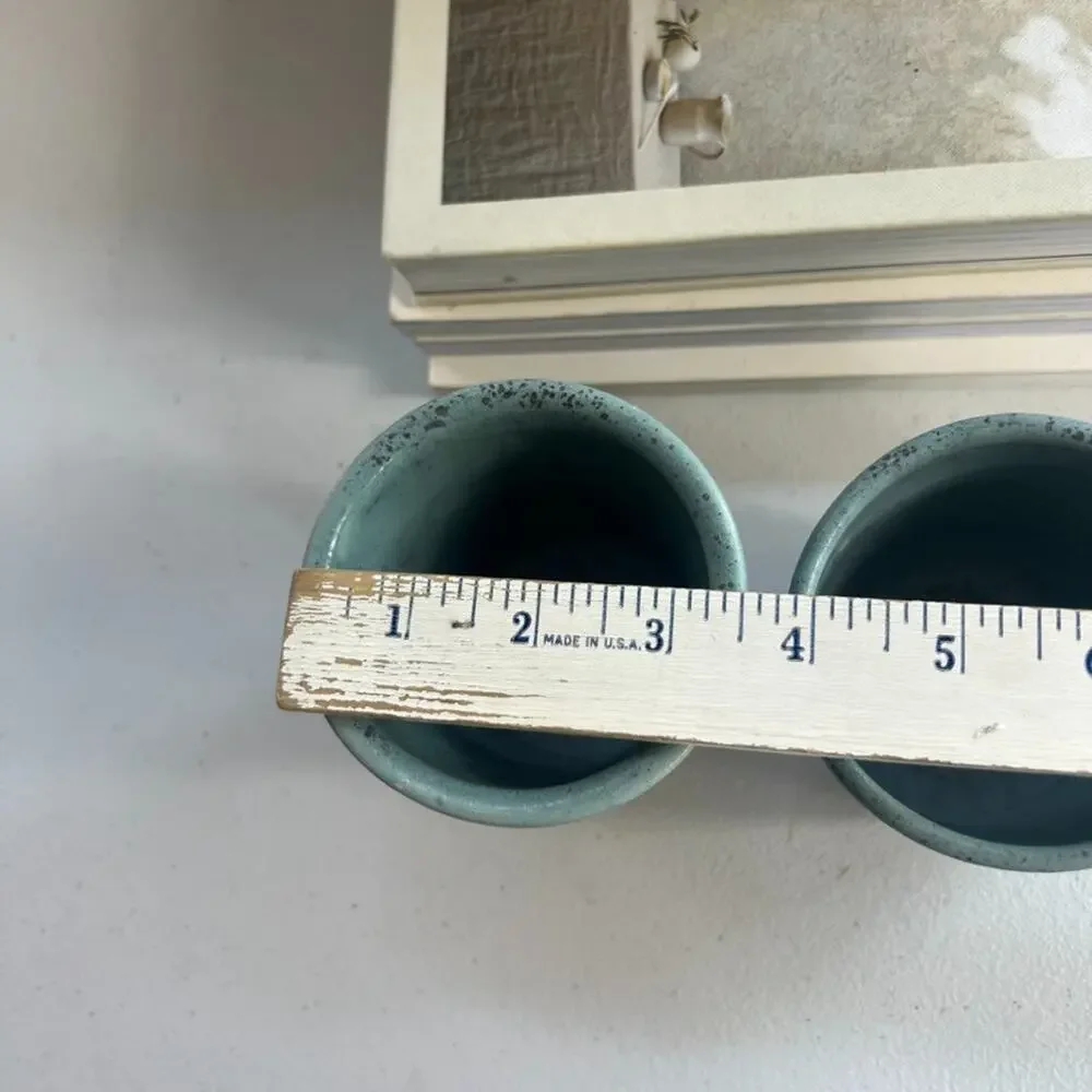Unmarked Stoneware Tumbler Cups Speckled Blue Etched Tree Design Set of 2